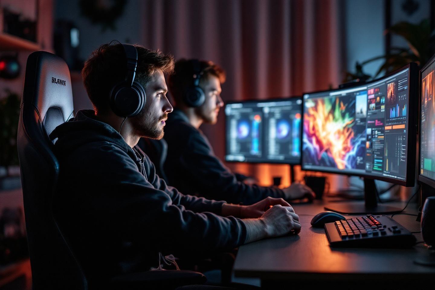 Deux personnes avec casques jouant à des jeux vidéo