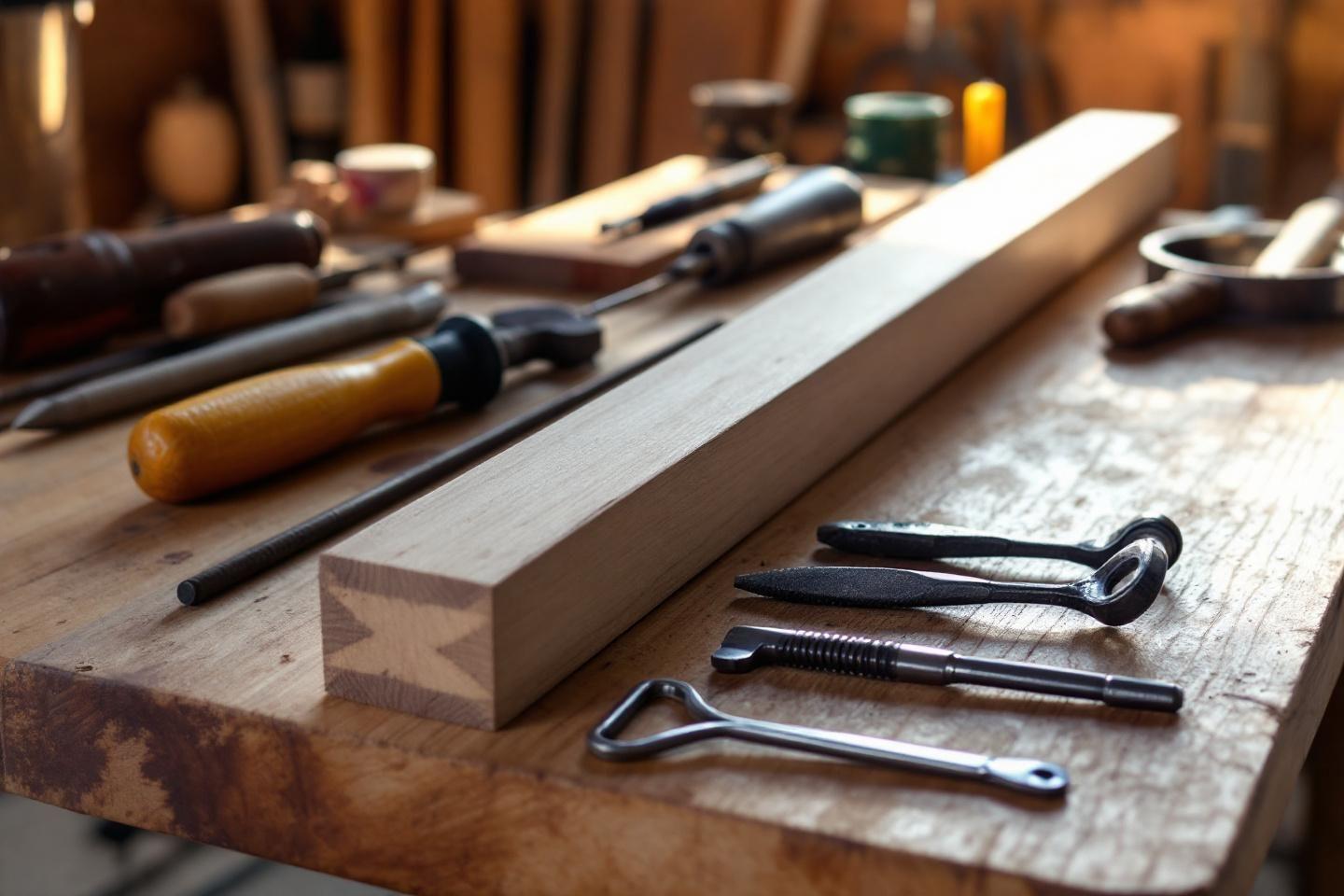 Divers outils de menuiserie et de travail du bois sur un établi
