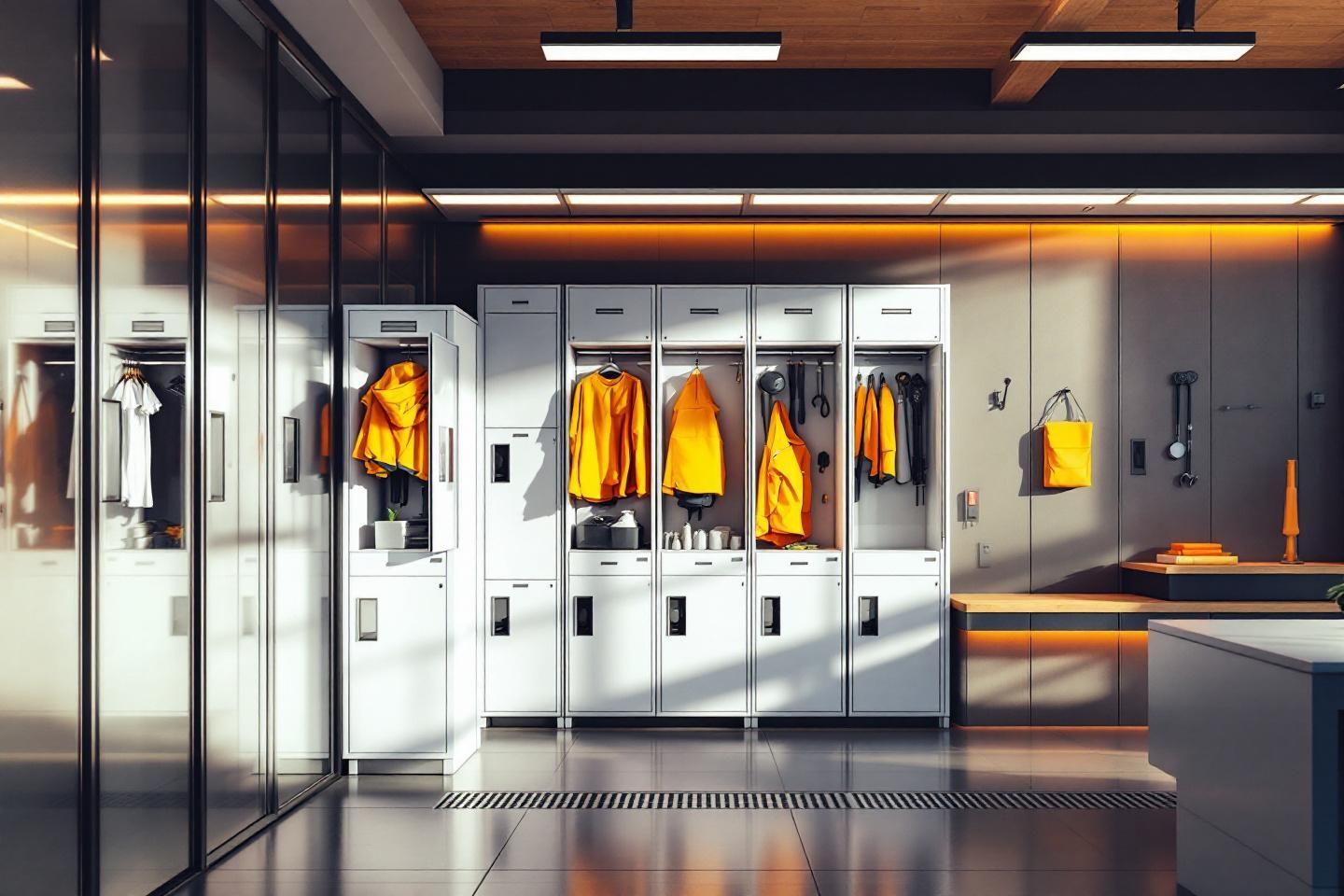 Casiers blancs avec vêtements jaunes dans un espace design
