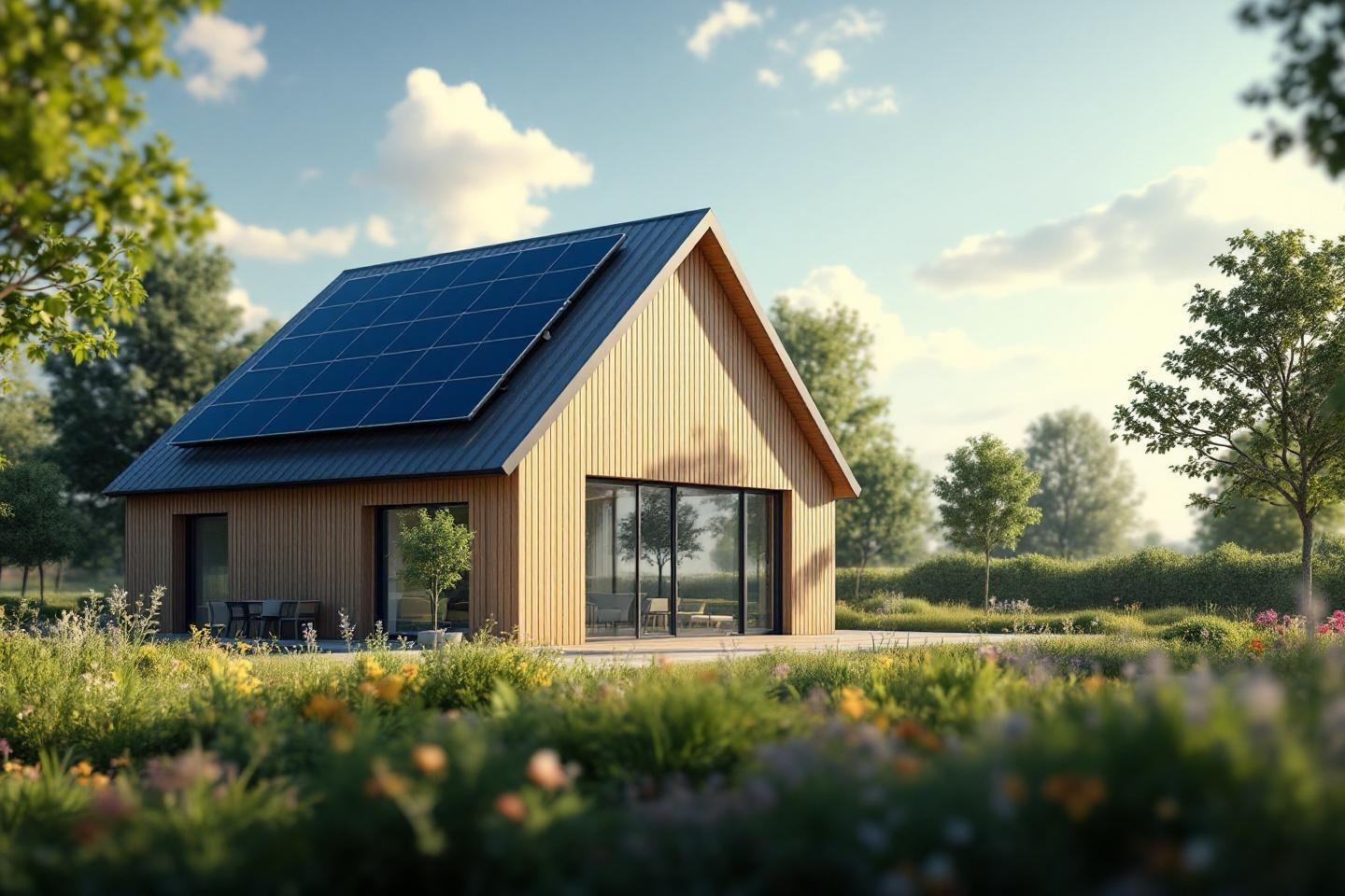 Petit chalet en bois avec panneaux solaires entouré de fleurs