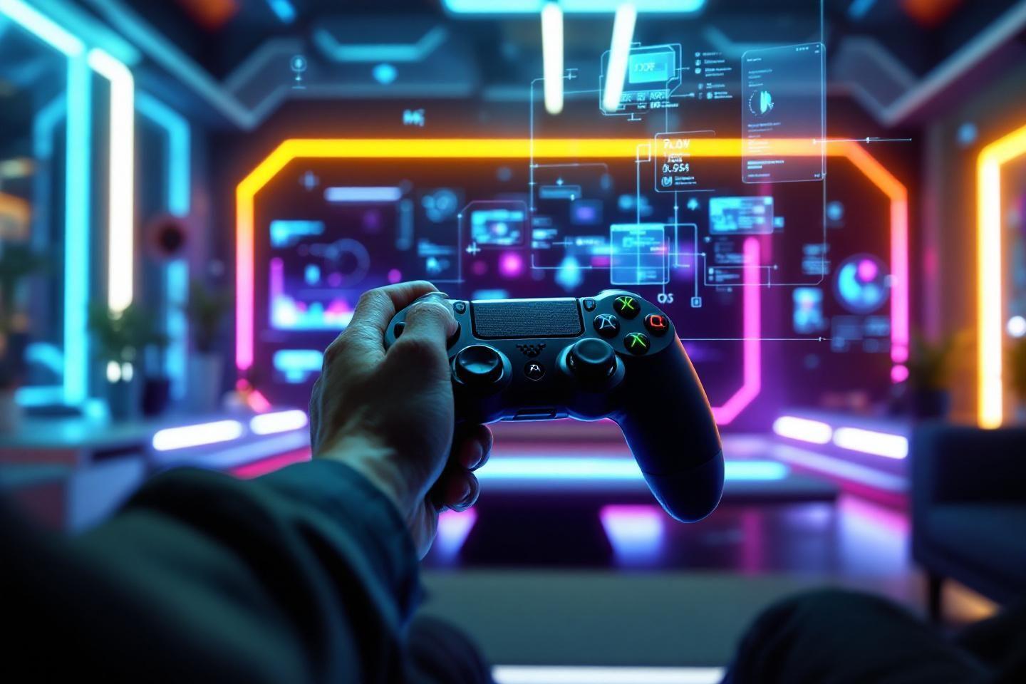 Main tenant une manette dans un environnement cyberpunk color&eacute;