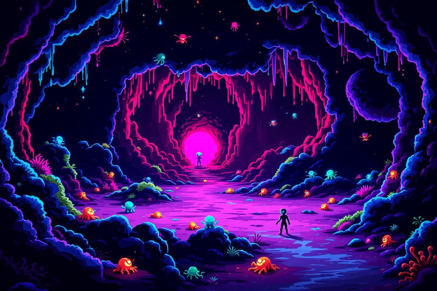 Paysage souterrain color&eacute; avec cr&eacute;atures &eacute;tranges et figure silhouett&eacute;e