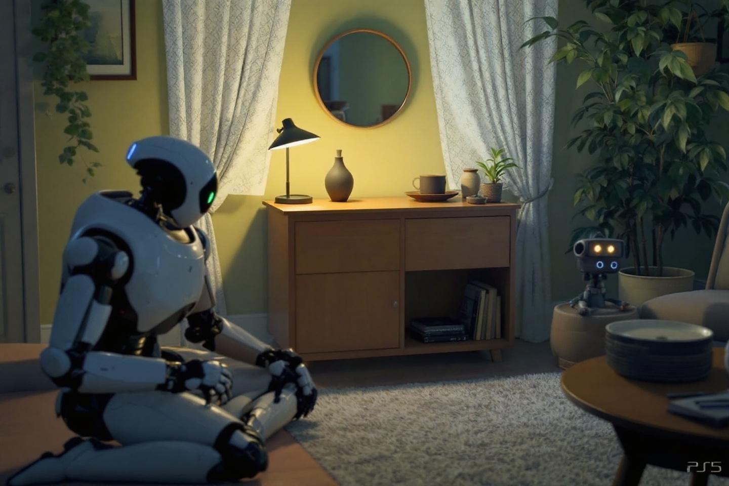 Deux robots dans un salon chaleureux et design