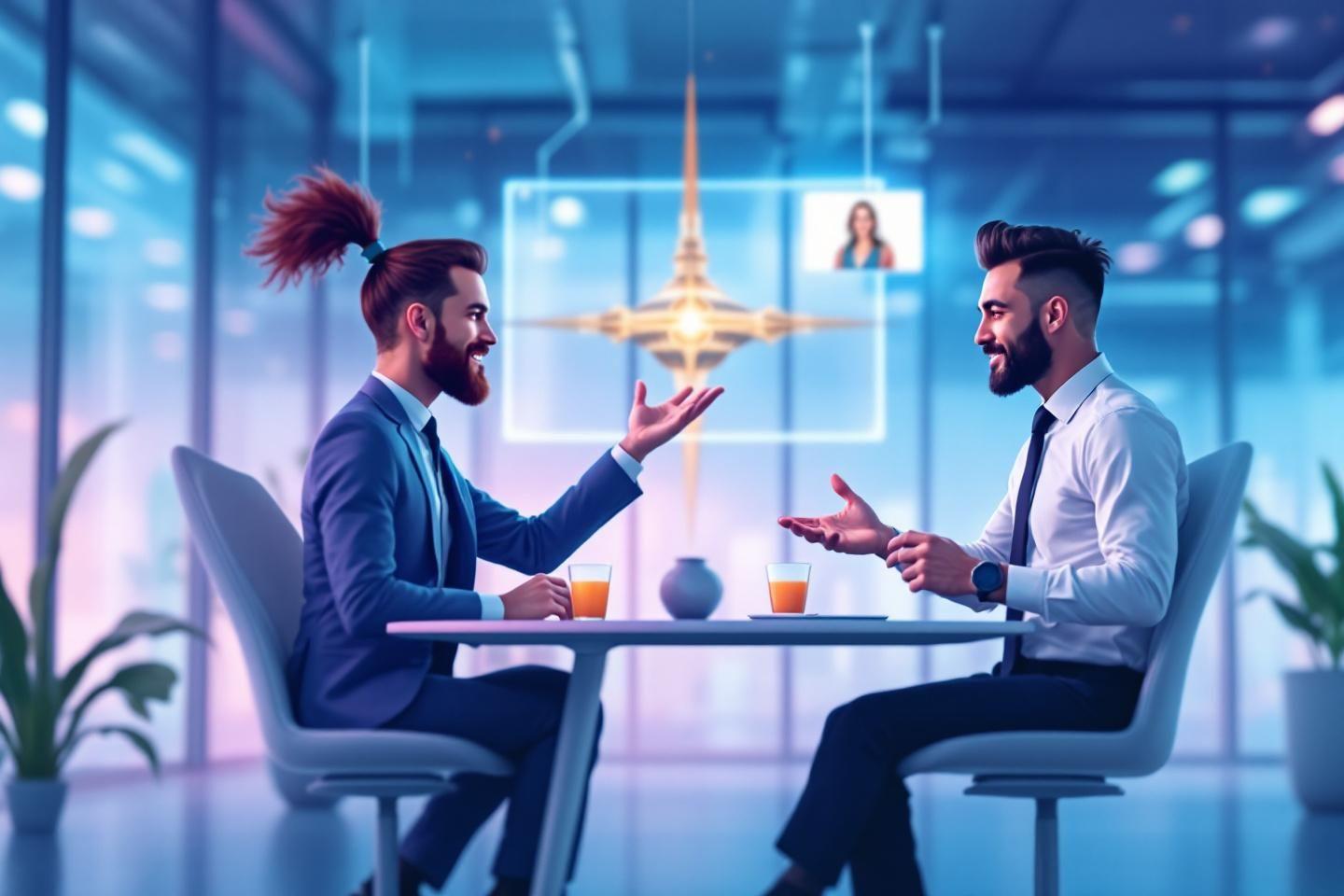 Deux hommes discutant dans un bureau futuriste avec &eacute;cran