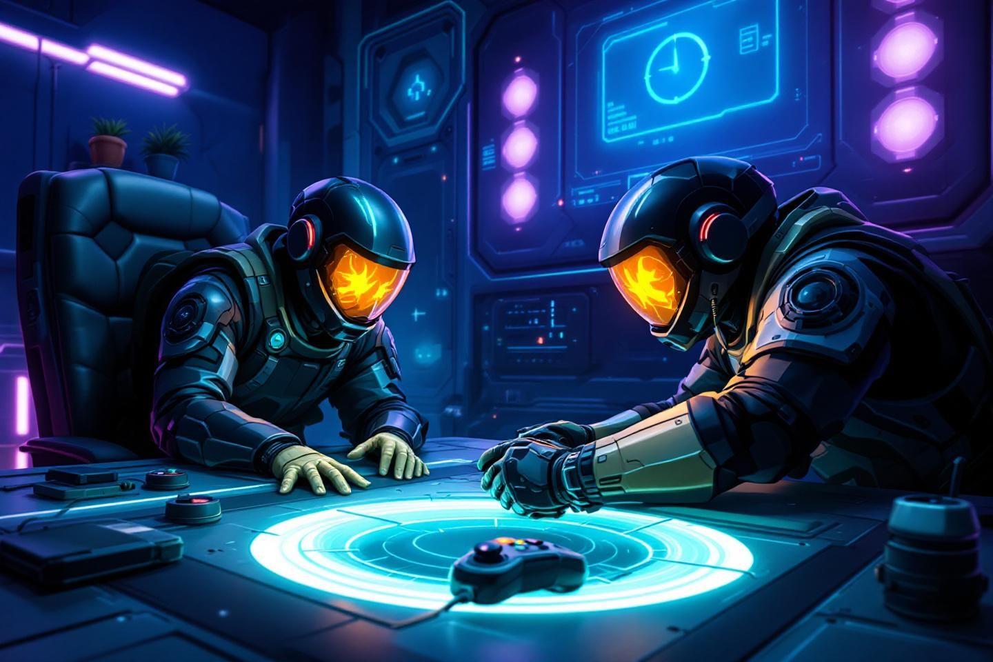 Deux pilotes futuristes interagissant avec un &eacute;cran holographique bleu