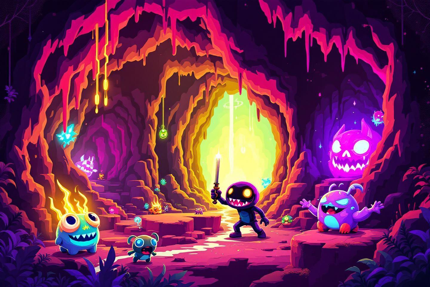Personnages mignons dans une grotte color&eacute;e aux lueurs fantastiques