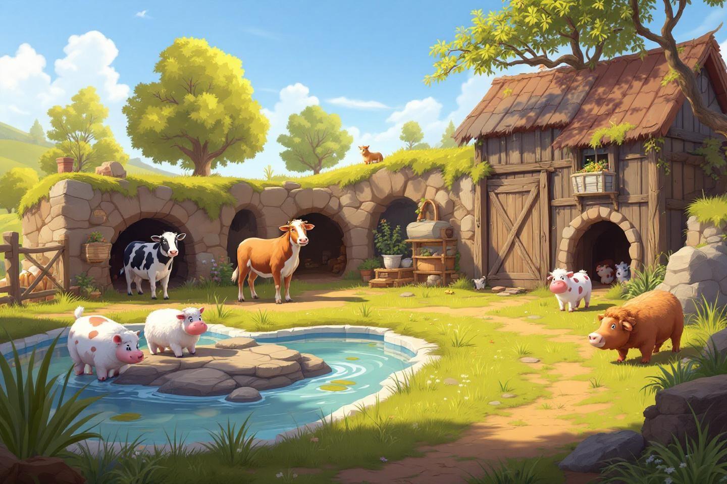 Scène rurale avec cochons, vache, cheval près de cabane en bois