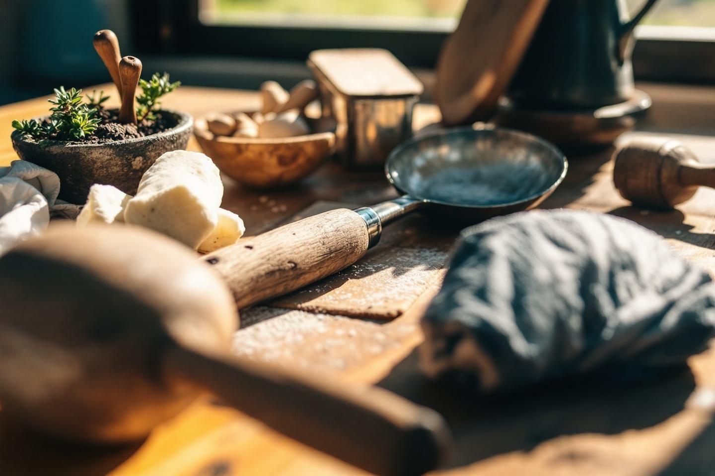 Établi avec outils, plantes et objets en bois