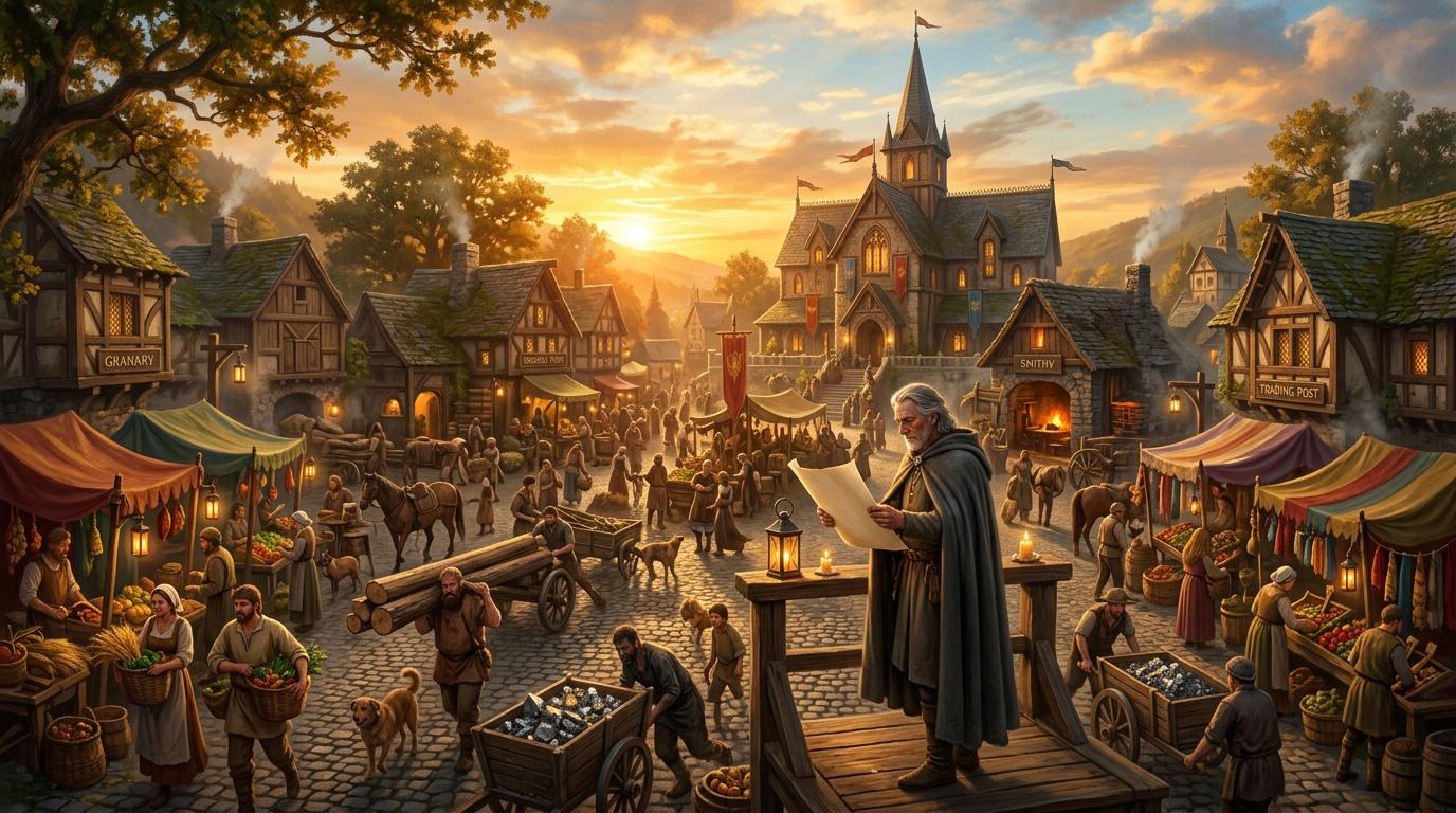 Village médiéval animé avec marché, église et coucher soleil doré