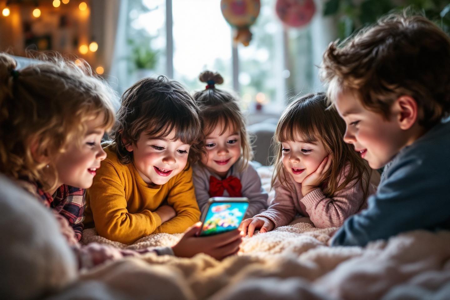 Groupe d'enfants joyeux autour d'un écran lumineux