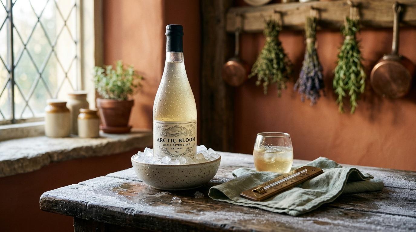 Bouteille de cidre Arctic Bloom sur gla&ccedil;ons, verre rempli, d&eacute;cor champ&ecirc;tre