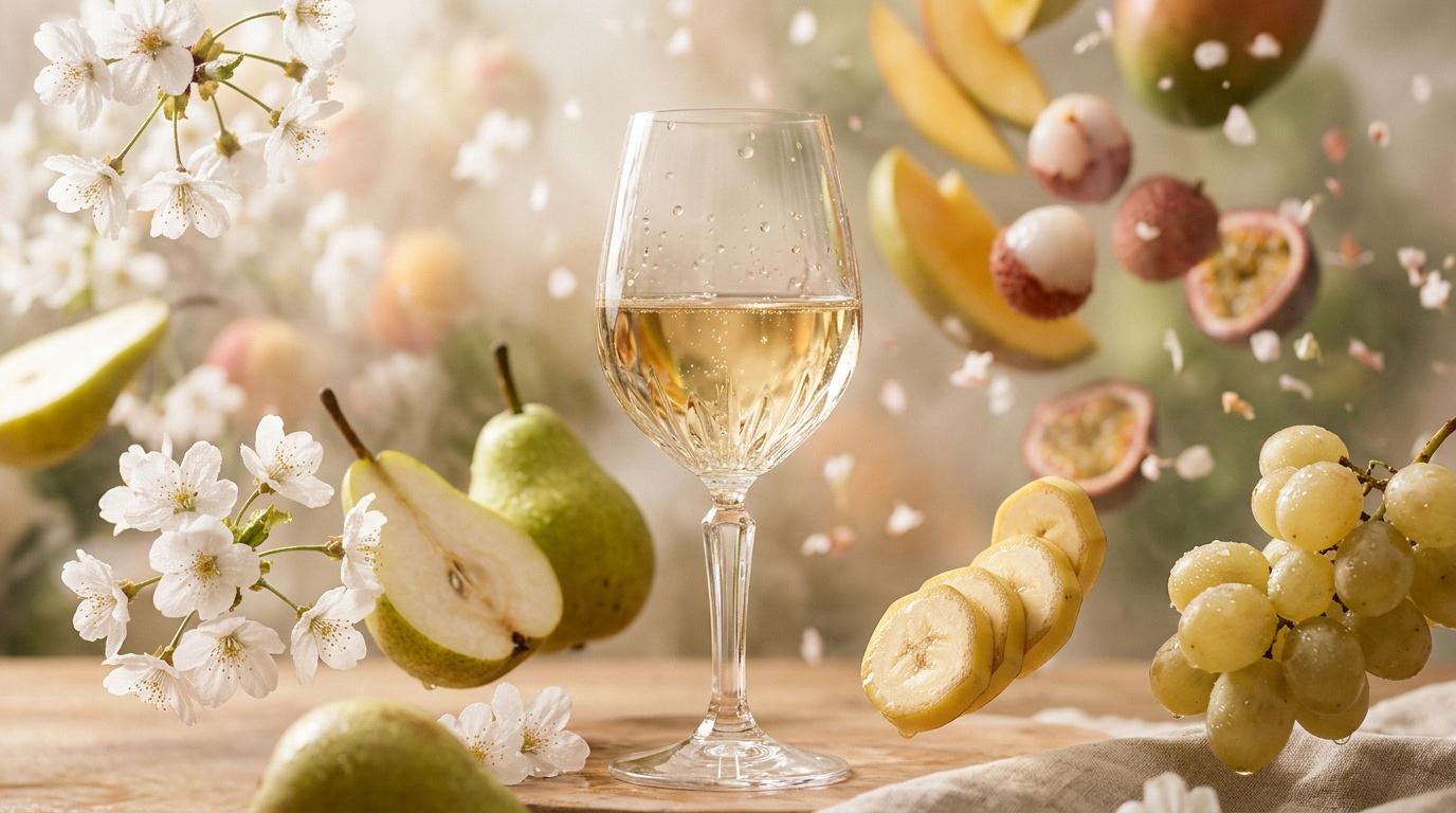 Verre de vin blanc entour&eacute; de fruits et fleurs blanches