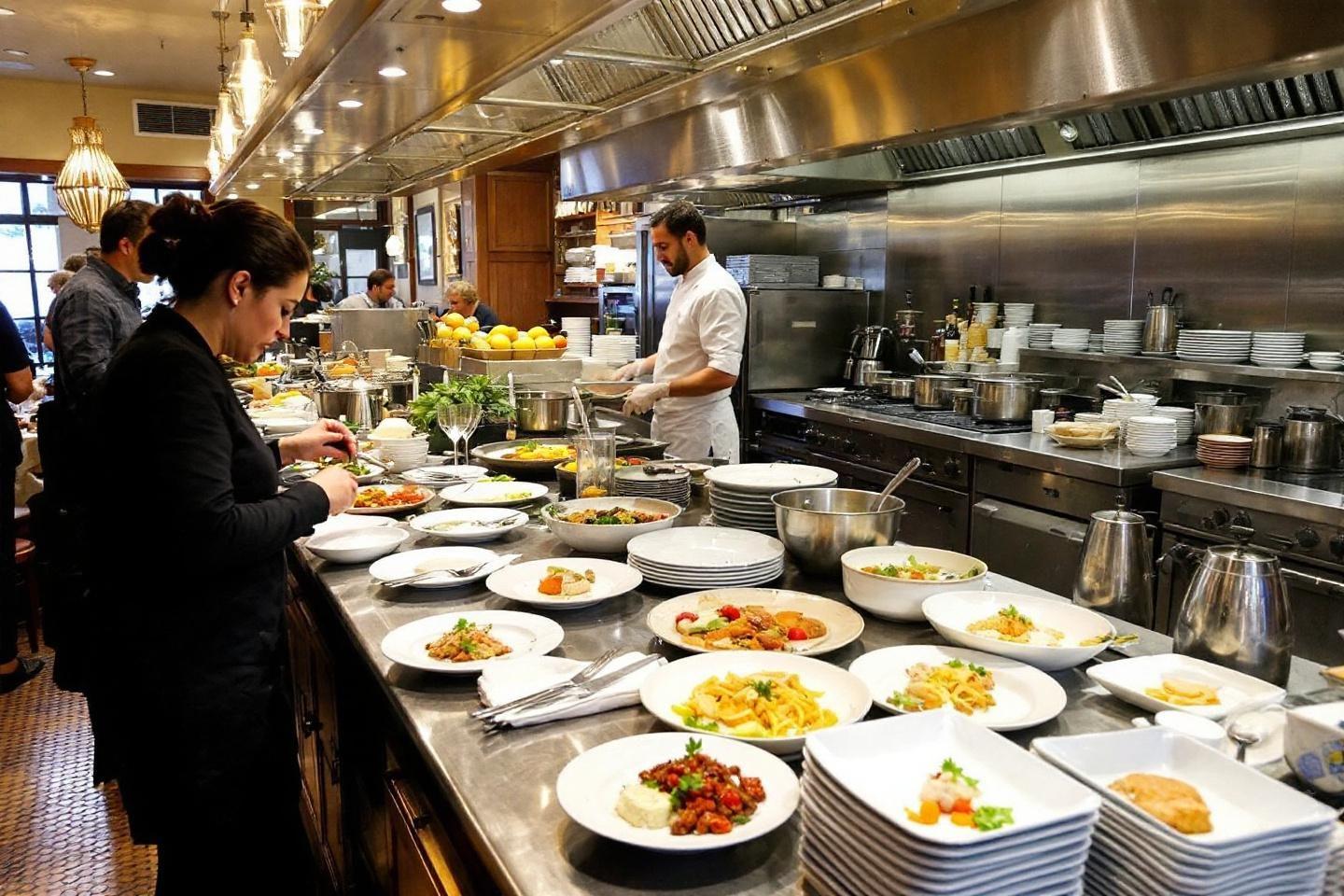 Plats pr&eacute;par&eacute;s et chefs en train de travailler