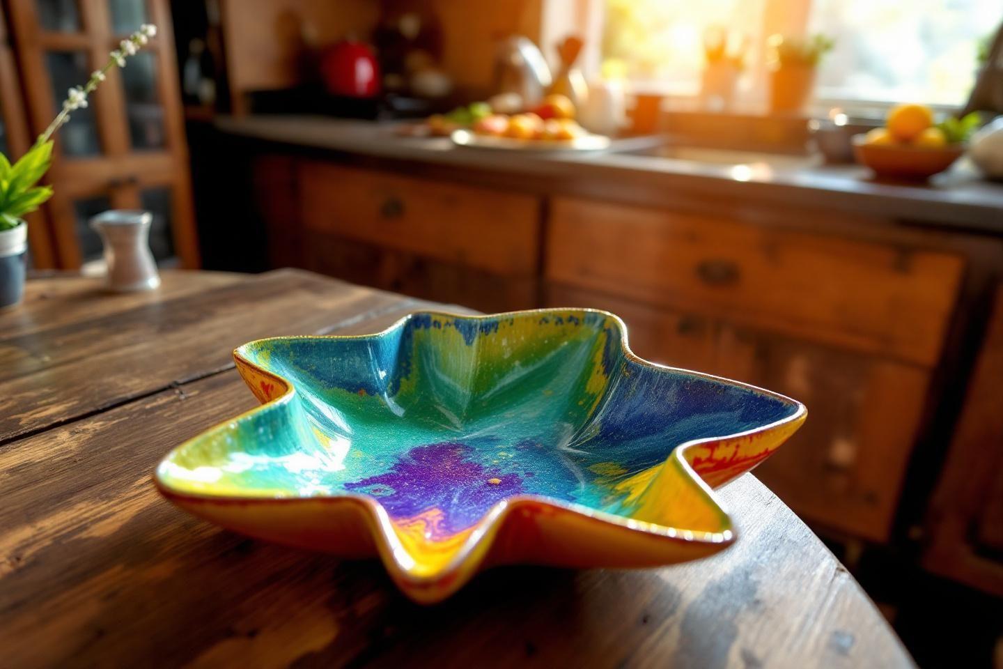 Bol d&eacute;coratif en forme d'&eacute;toile aux tons bleus, verts et violets