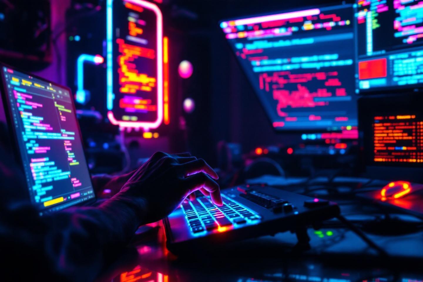 &Eacute;crans color&eacute;s et clavier illumin&eacute; d'un pirate informatique