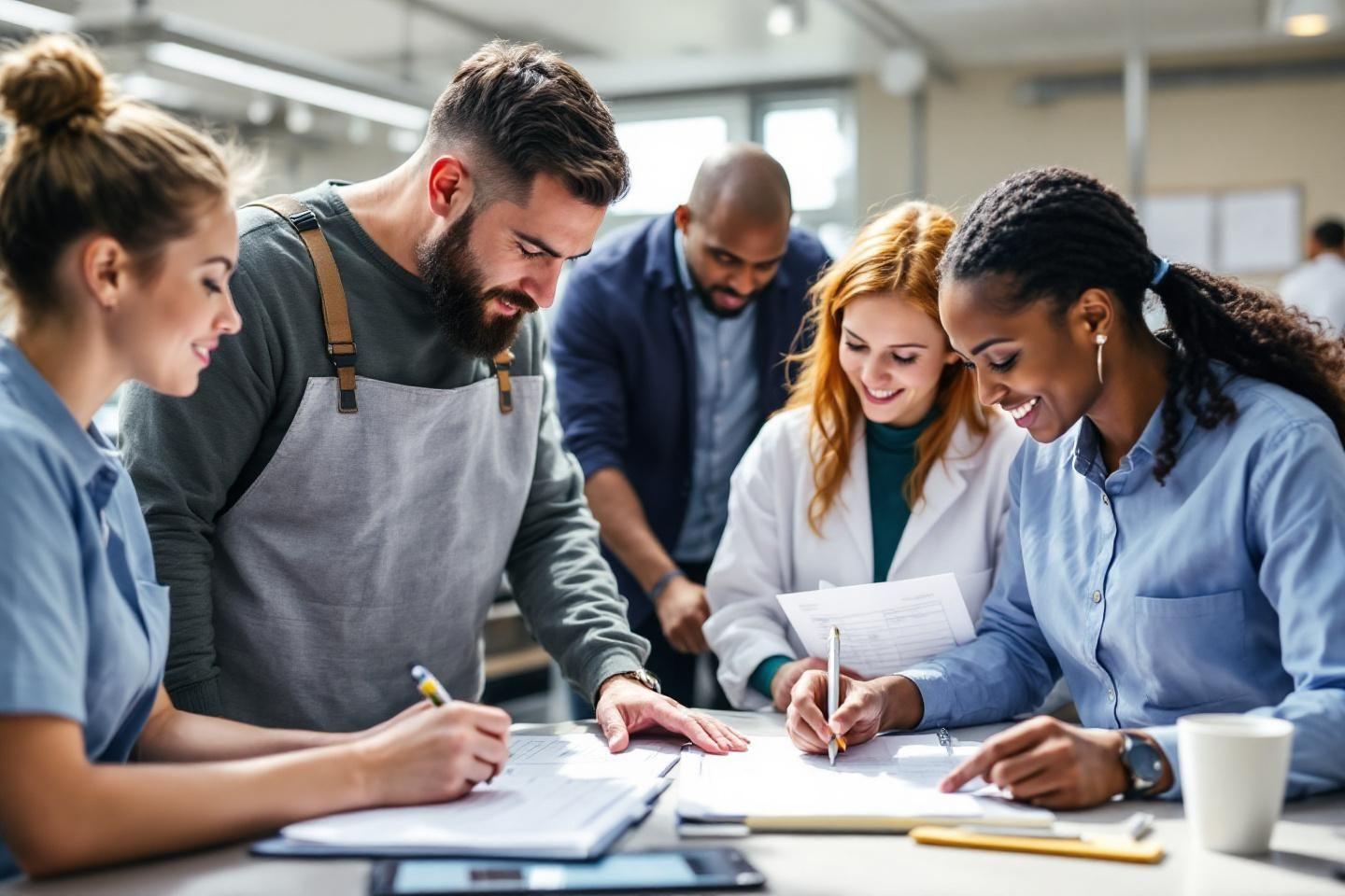 Employ&eacute;s divers travaillant ensemble autour d'une table de bureau