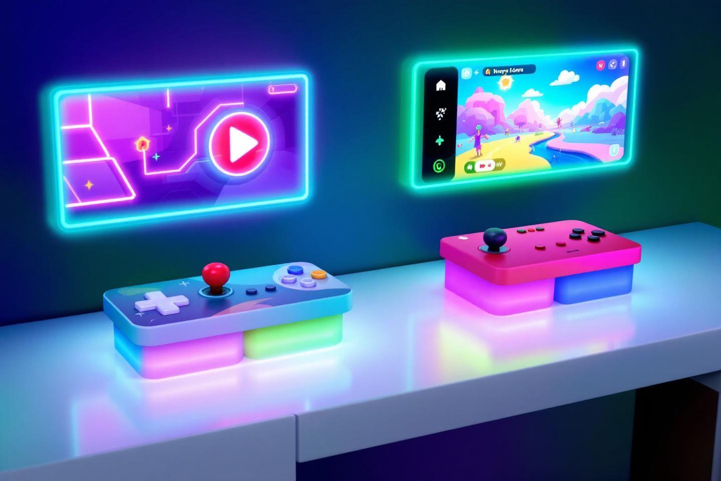 Deux manettes color&eacute;es devant des &eacute;crans lumineux de jeux vid&eacute;o