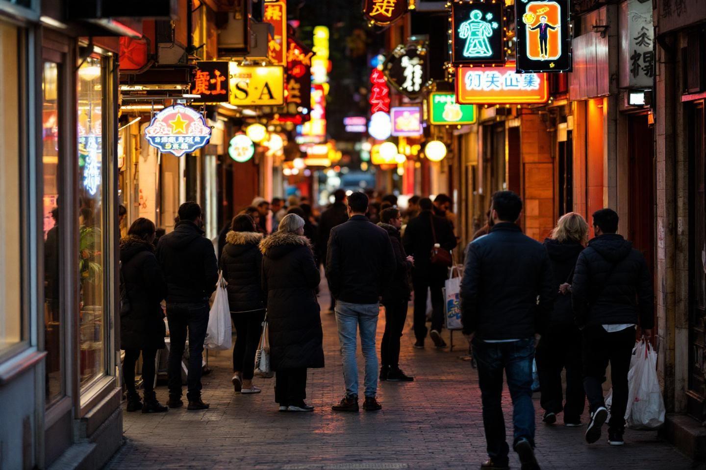 Foule dans une ruelle &eacute;clair&eacute;e par des enseignes color&eacute;es
