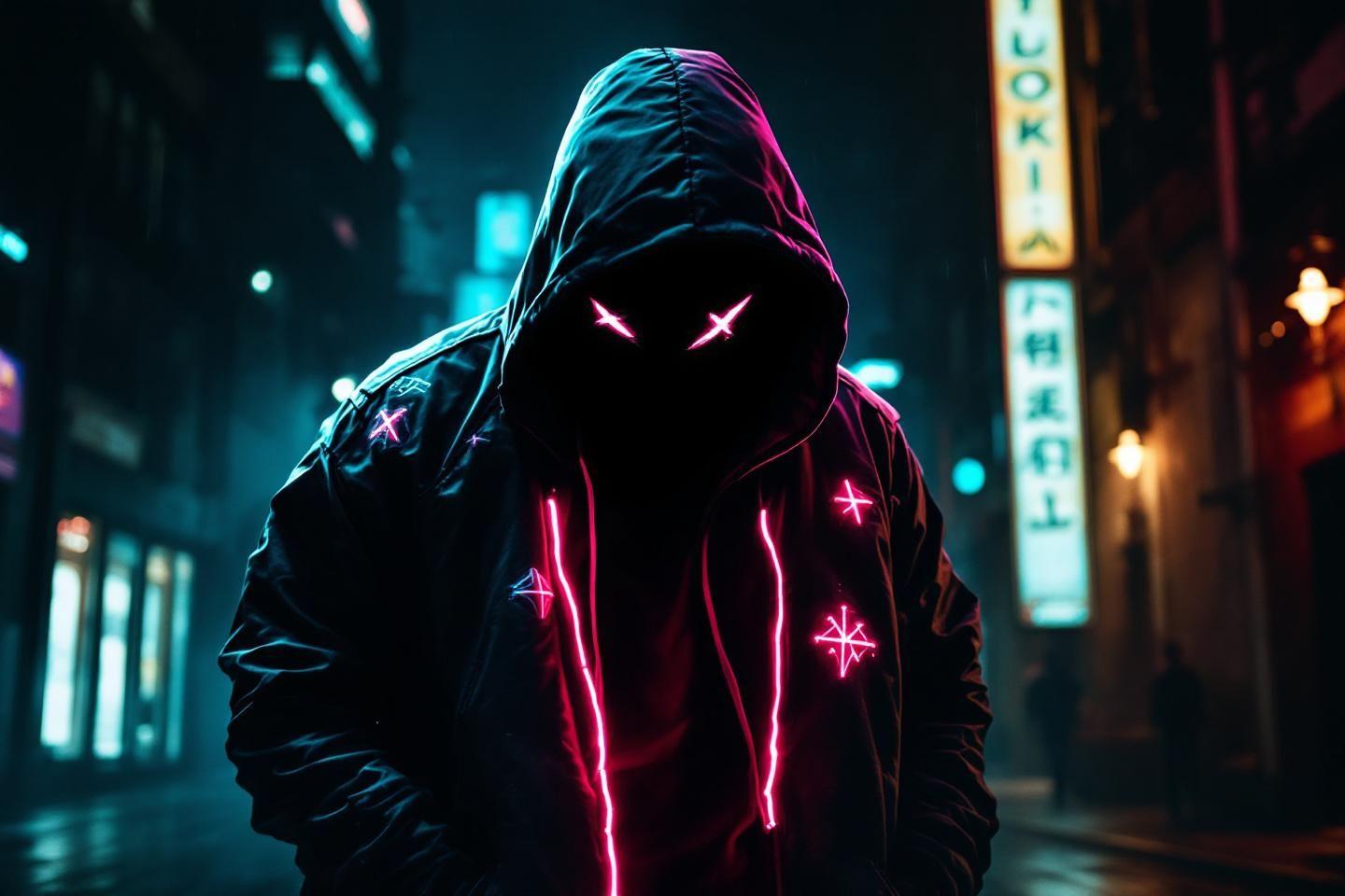 Personnage &agrave; capuche avec n&eacute;ons roses dans une rue sombre