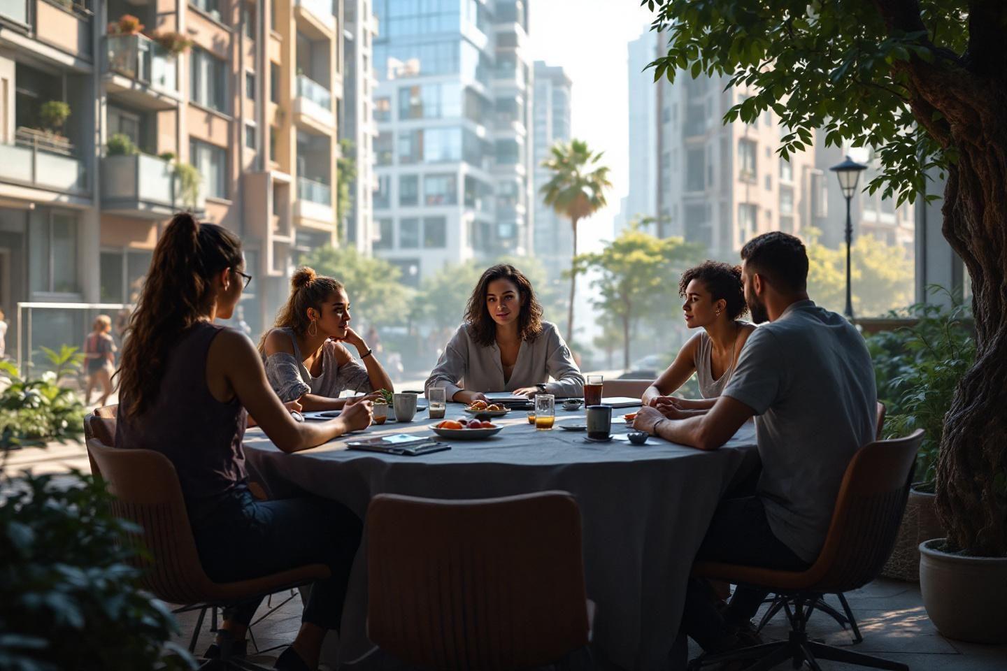 Groupe autour d'une table prenant un petit-d&eacute;jeuner en ville