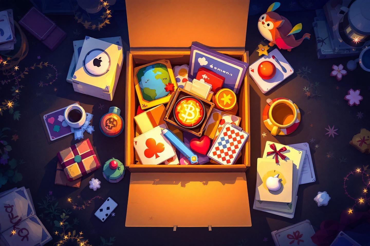 Boîte ouverte remplie de jeux, cartes et objets ludiques