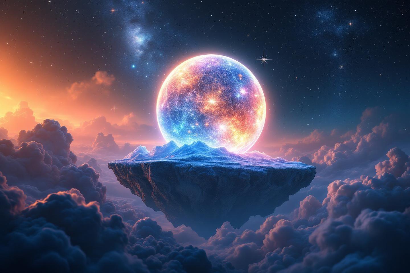 Planète brillante au-dessus d'une île rocheuse dans les nuages