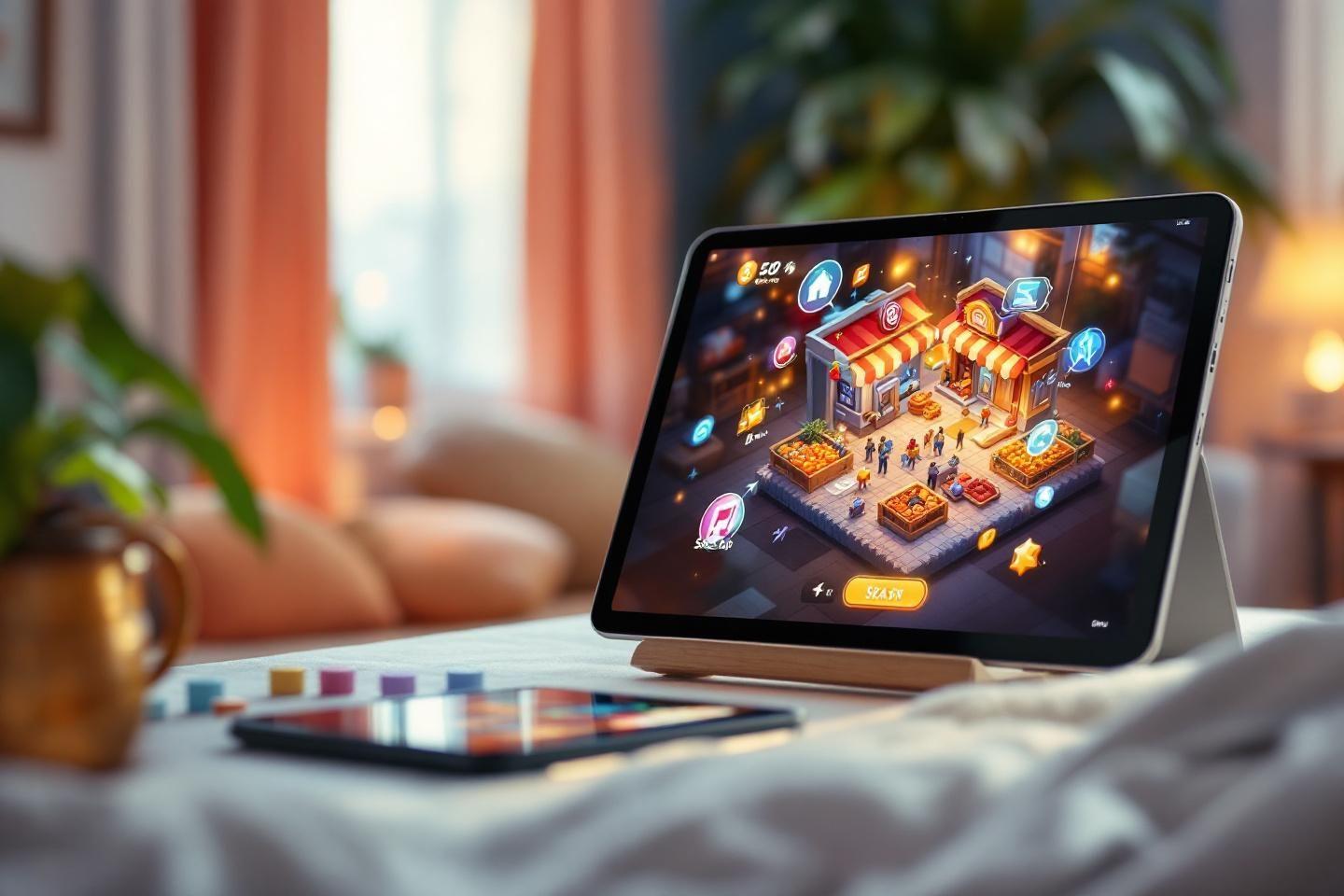 Tablette affichant un jeu mobile coloré avec des bâtiments