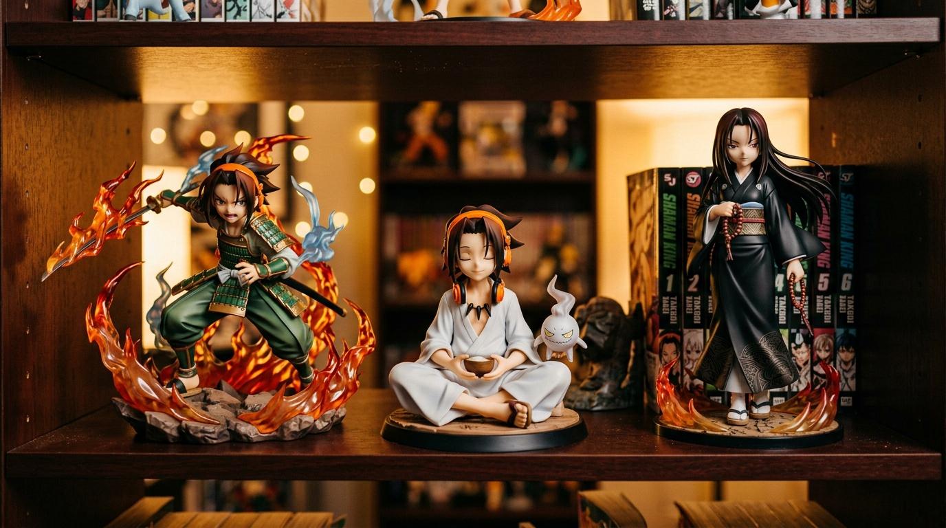 Trois figurines anime exposées sur étagère illuminée