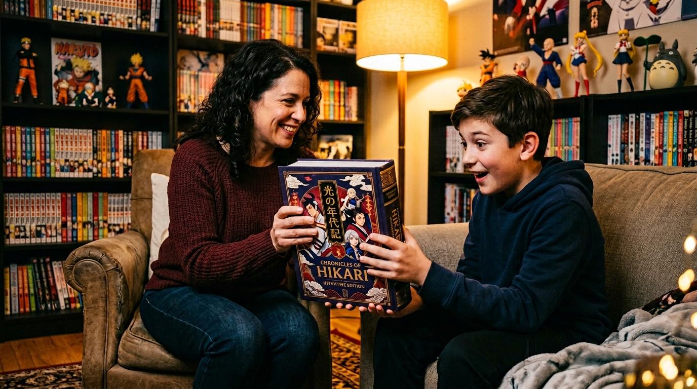 Une femme et un enfant lisent ensemble un manga dans une bibliothèque cosy.