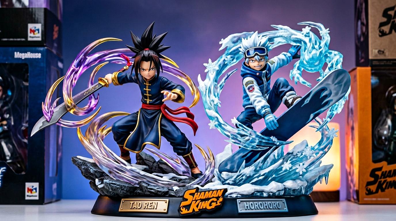 Deux figurines anime Shaman King avec effets magiques colorés.