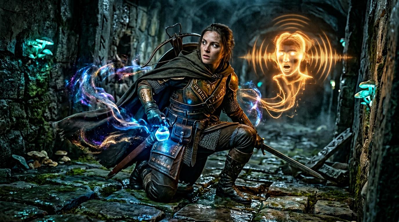 Femme guerrière avec pouvoirs magiques bleus et oranges dans des ruines