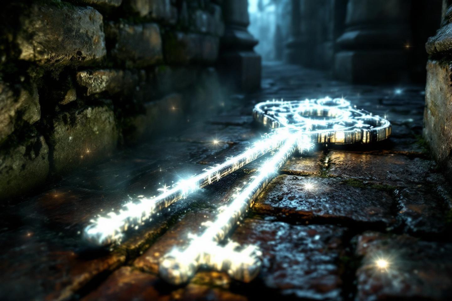 Clé lumineuse brillante sur des pierres anciennes dans un passage étroit