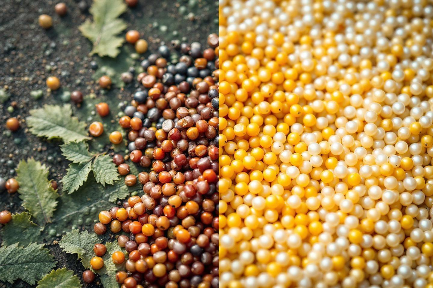 Deux types de graines colorées, brun et jaune-blanc