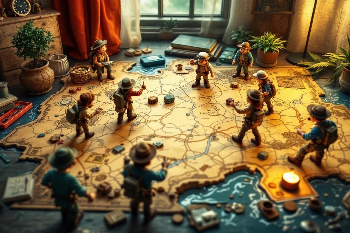 Soldats miniatures autour d'une carte détaillée, lumière chaleureuse