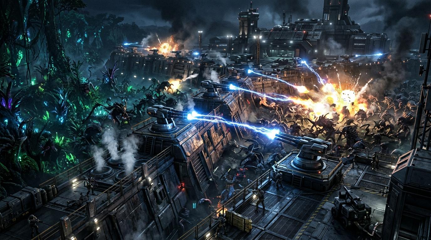 Combat nocturne sci-fi entre forces militaires et créatures extraterrestres