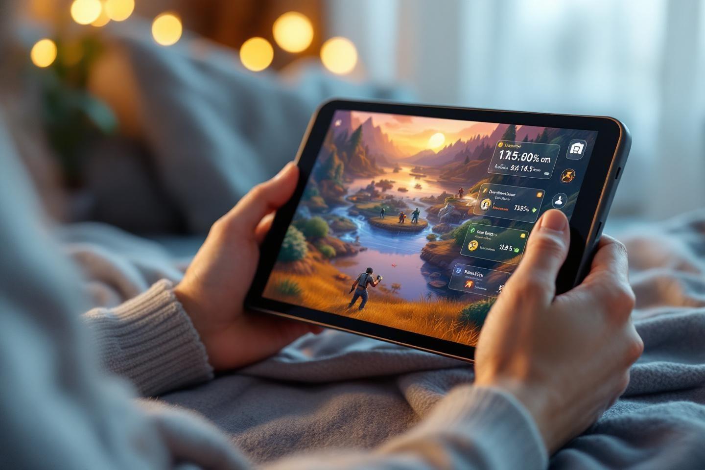 Mains tenant une tablette avec un jeu de paysage fantastique