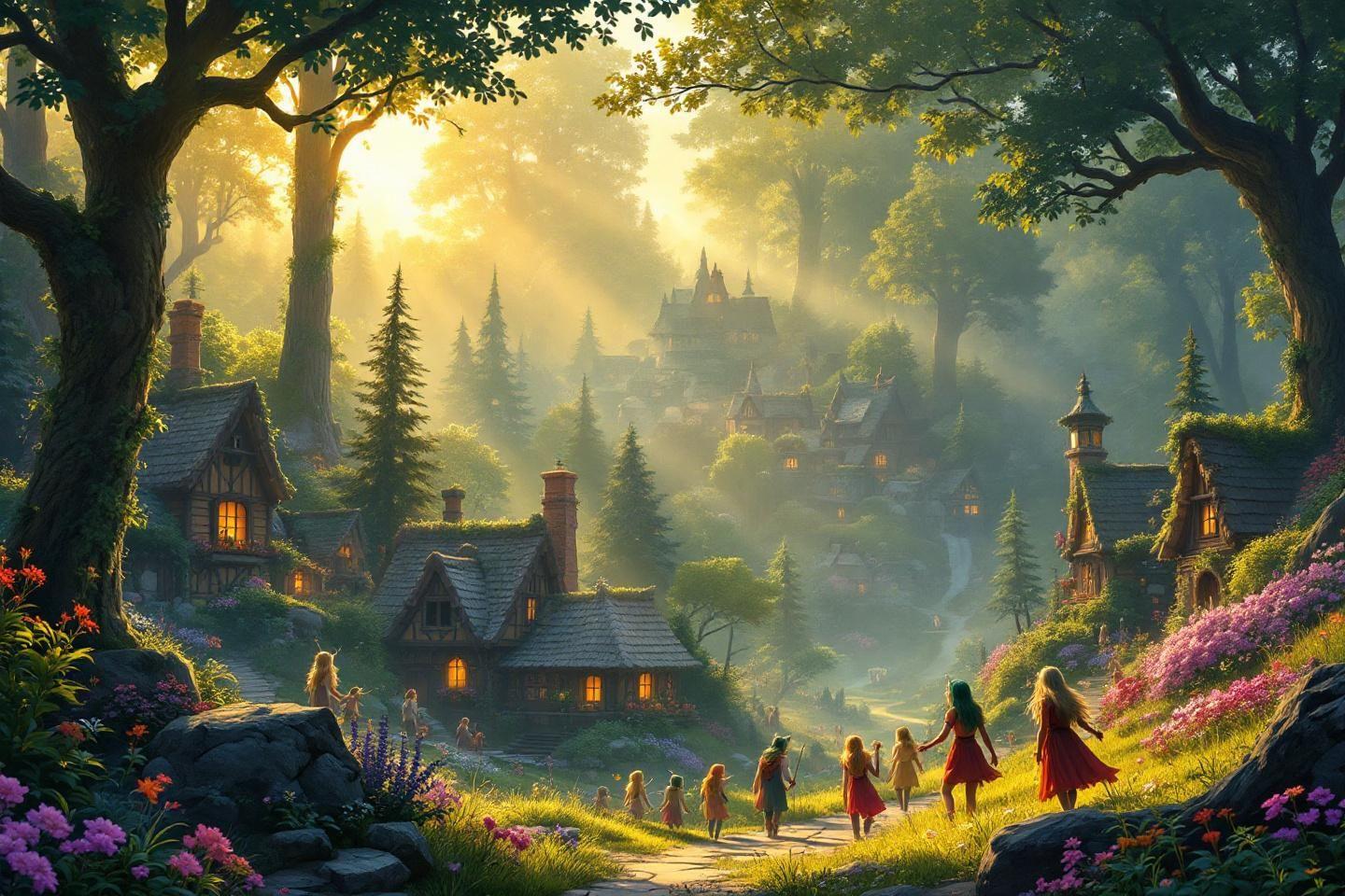 Maisons féeriques dans une forêt brumeuse au soleil levant