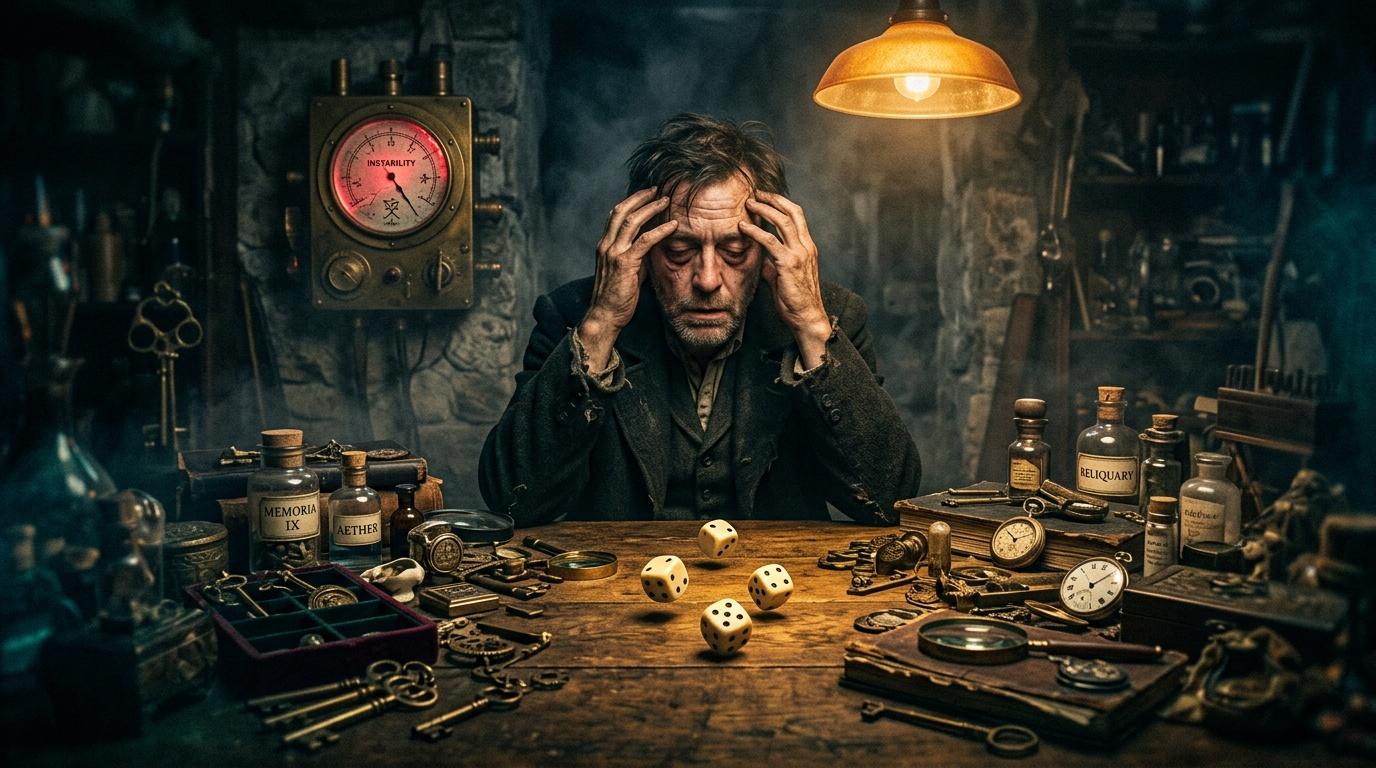 Homme stress&eacute; entour&eacute; d'objets mystiques et d'instruments anciens