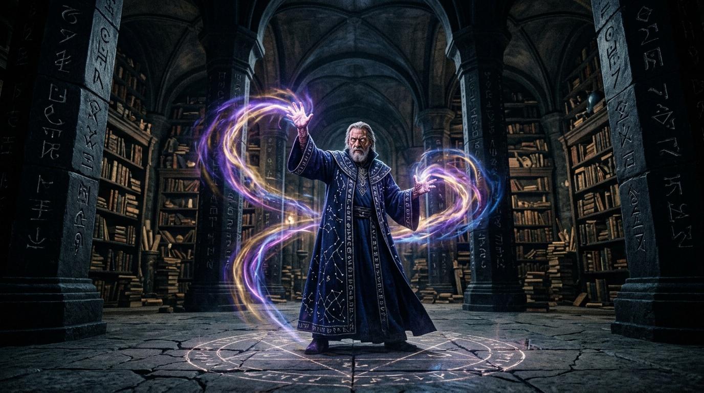 Sorcier invoquant la magie dans une biblioth&egrave;que gothique illumin&eacute;e