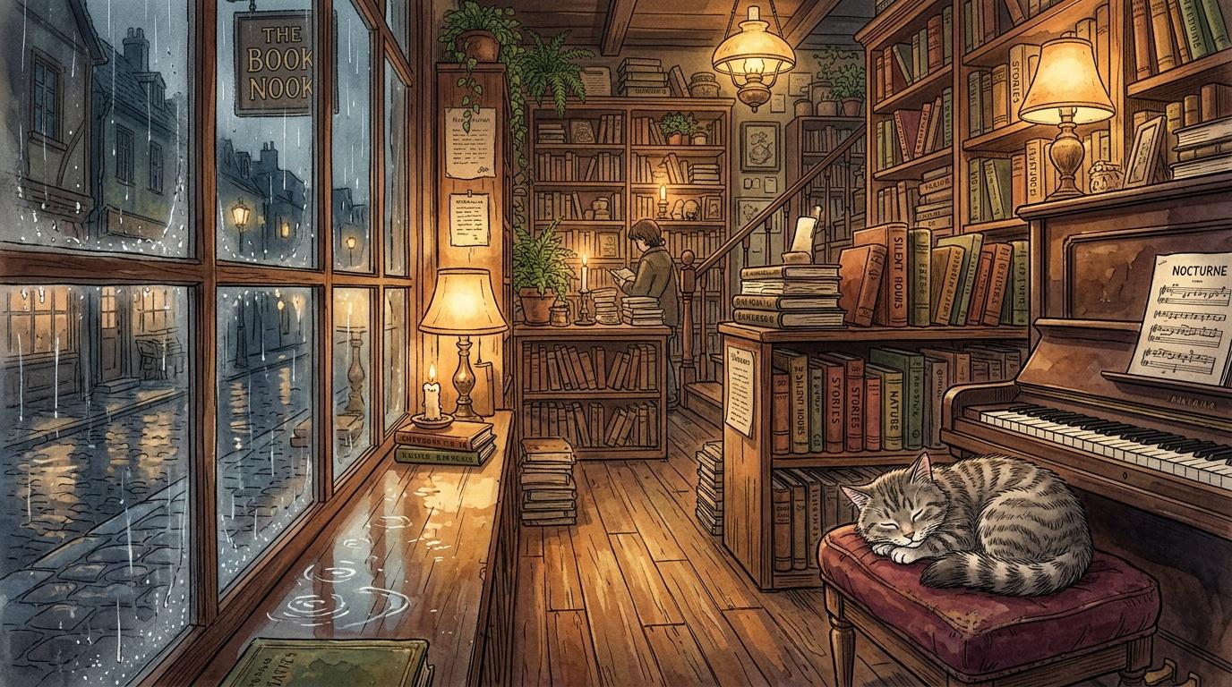 Biblioth&egrave;que cosy avec chat endormi pr&egrave;s du piano, pluie dehors.