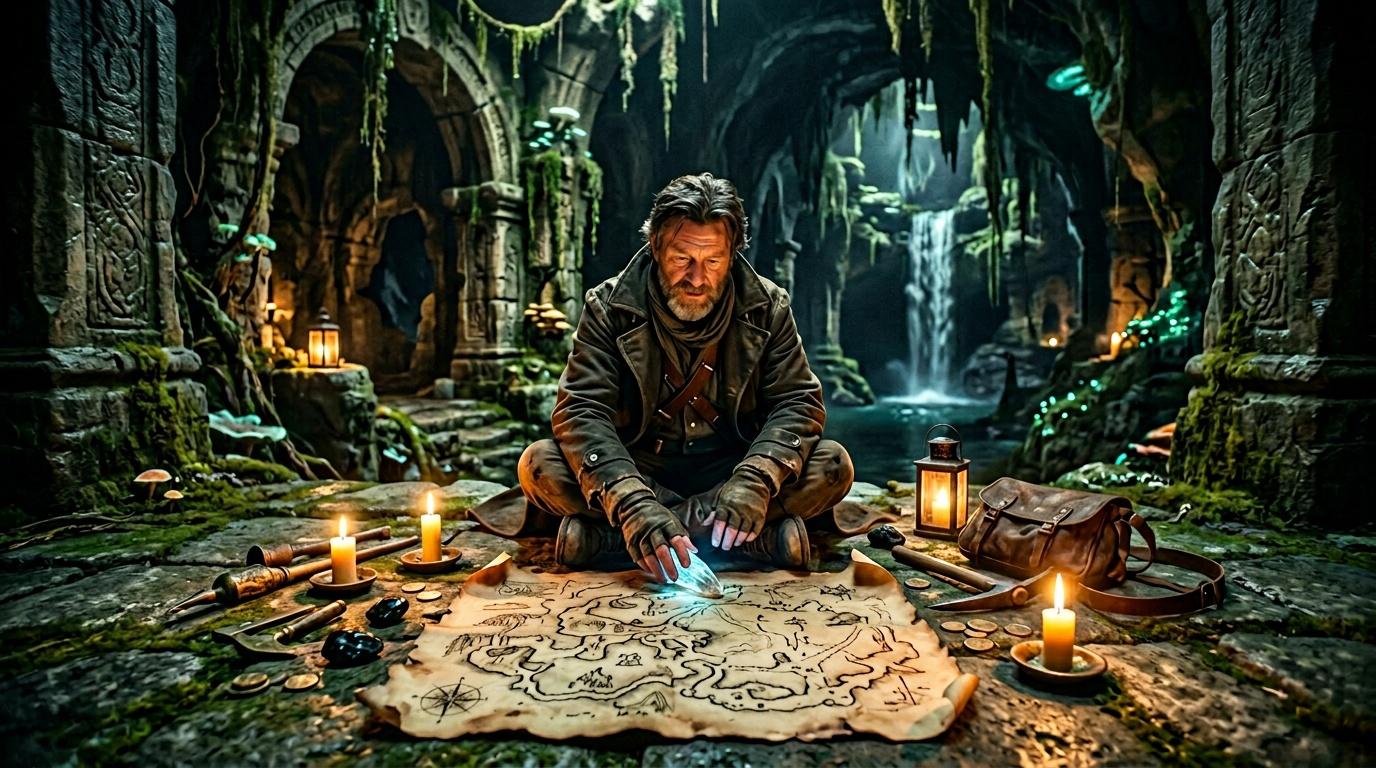 Aventurier consulte une carte ancienne dans des ruines souterraines