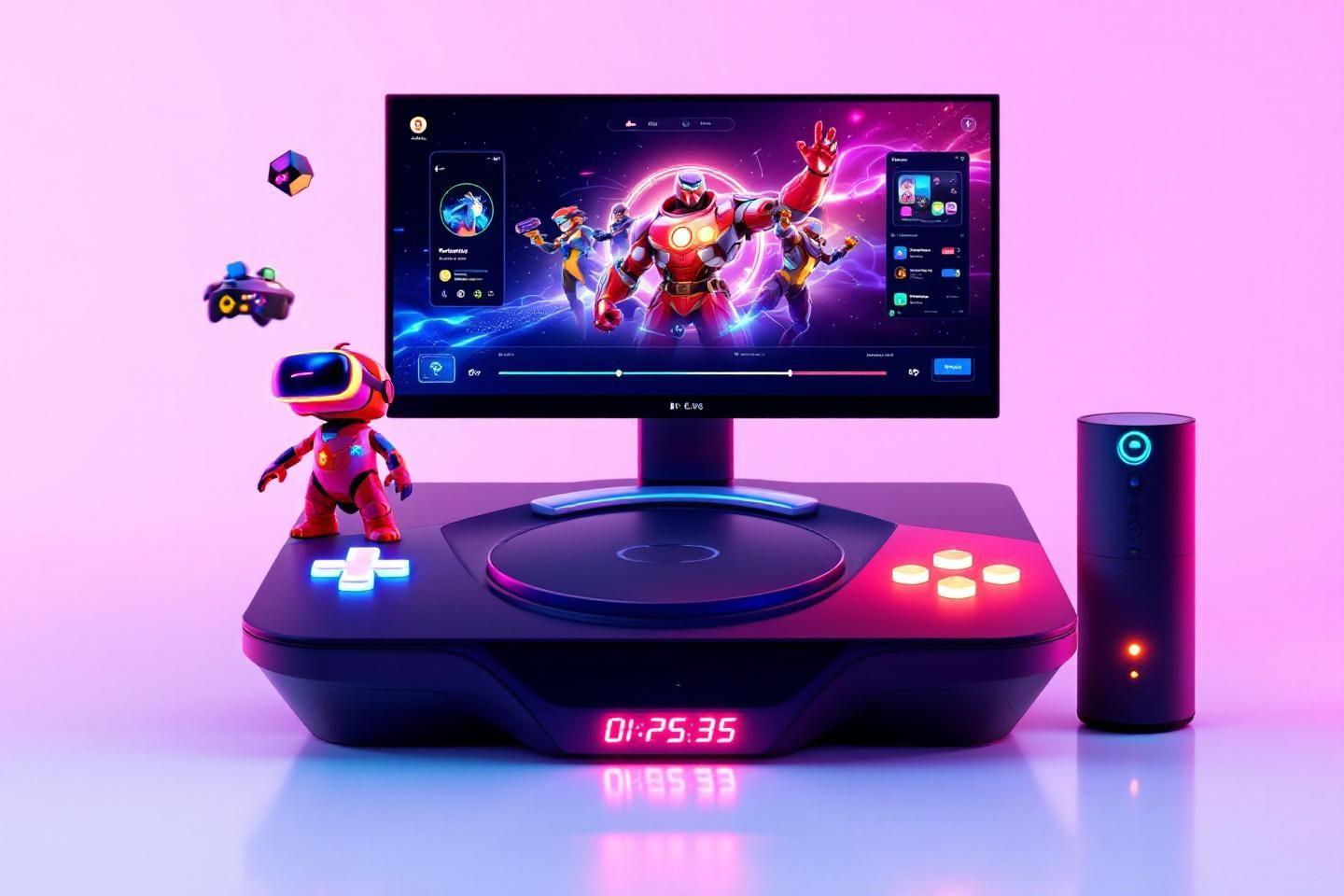 Console de jeu high-tech avec écran, robot et lumières néon