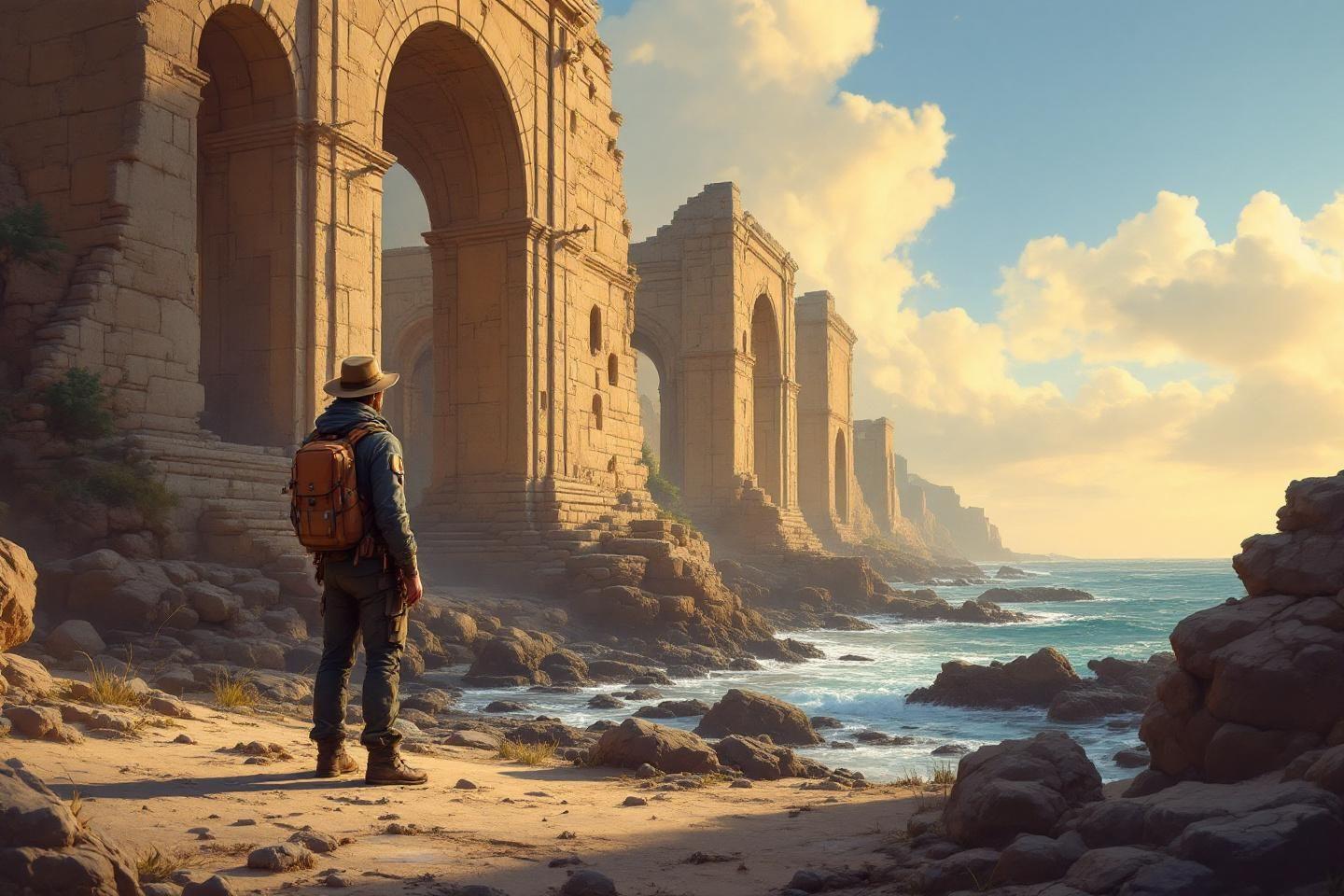Voyageur solitaire devant des arches antiques surplombant l'océan