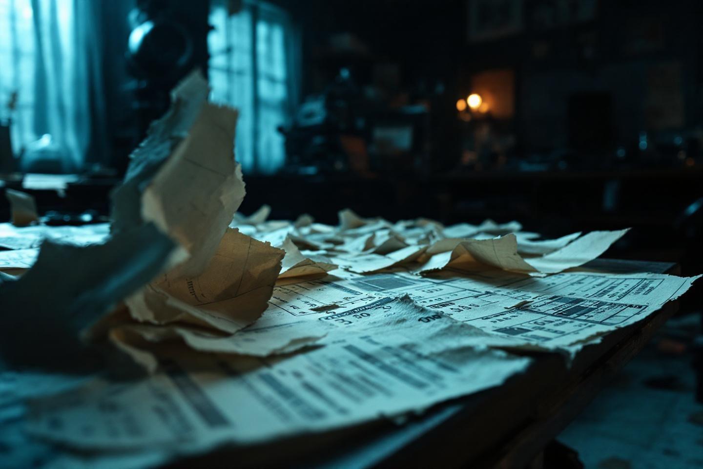 Documents &eacute;parpill&eacute;s sur une table sombre, &eacute;clair&eacute;s faiblement