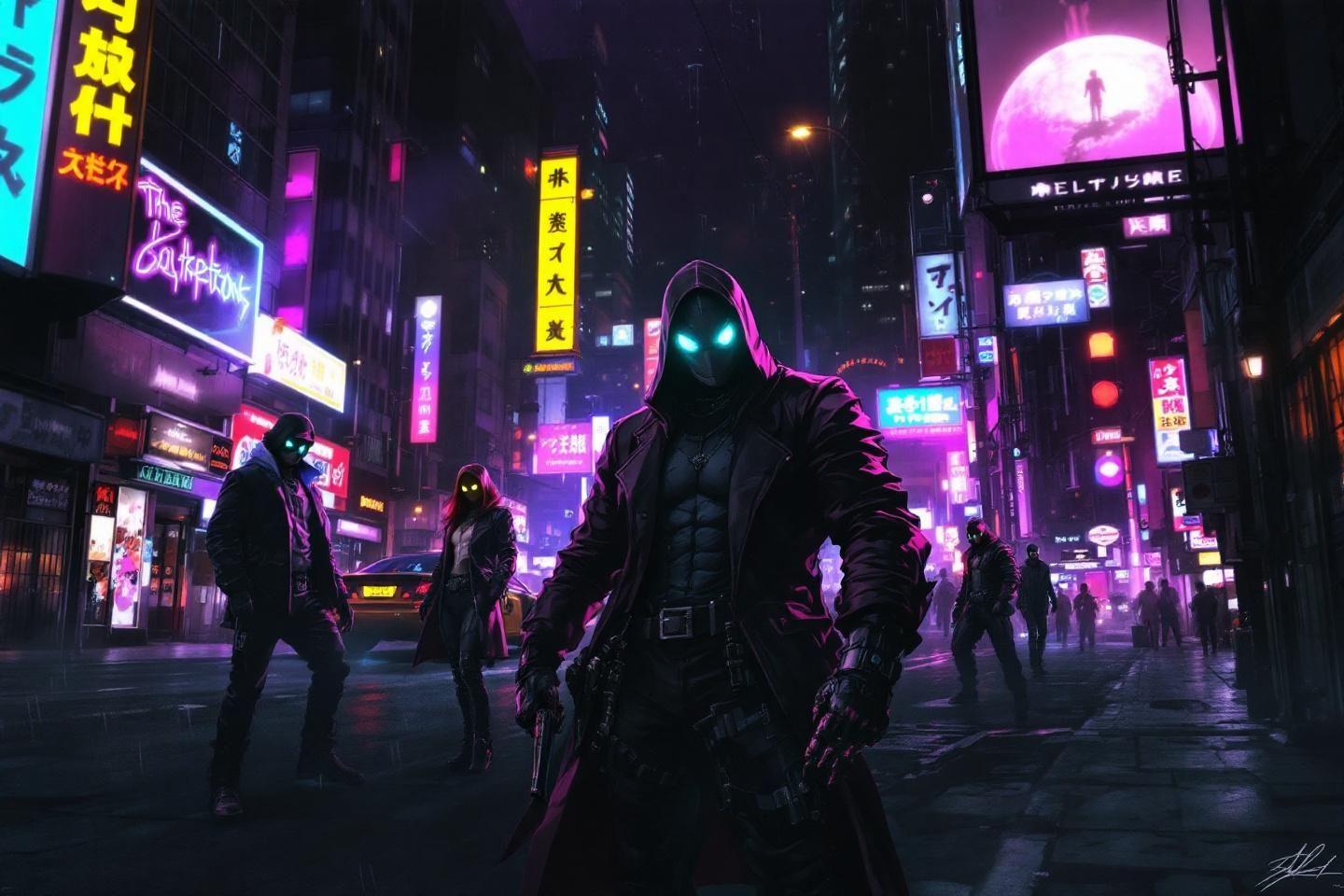Figures encapuchonn&eacute;es avec des yeux luminescents dans une rue n&eacute;on futuriste