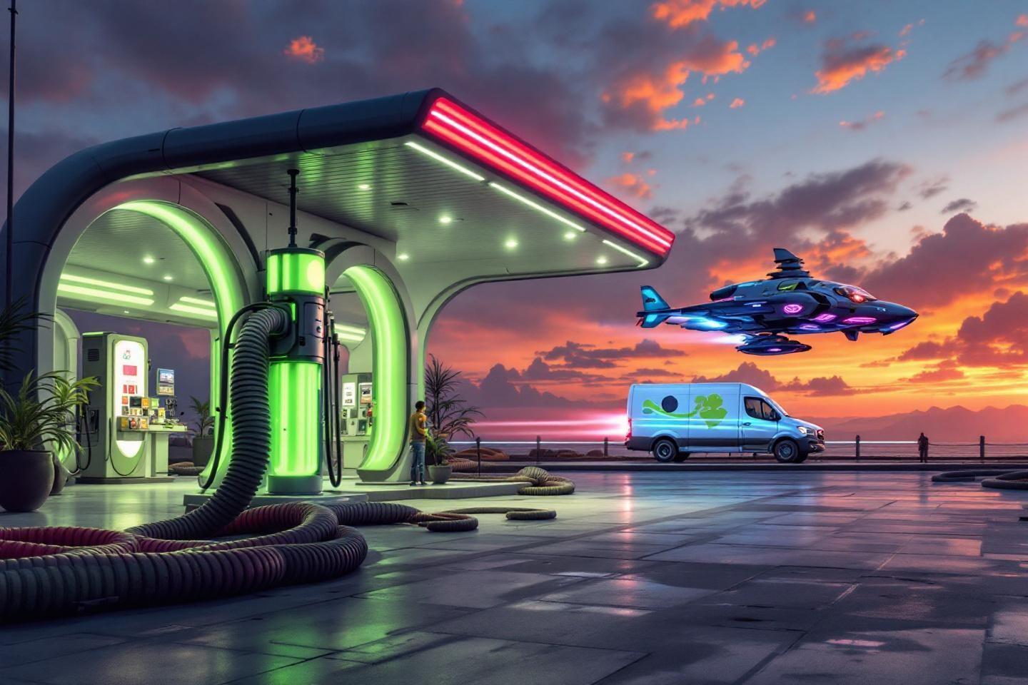 Station-service sci-fi avec vaisseau spatial et véhicule électrique