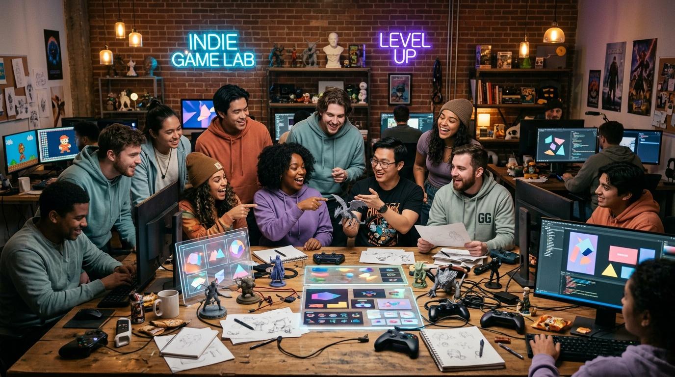 Groupe de développeurs collaborant dans un studio de jeux vidéo
