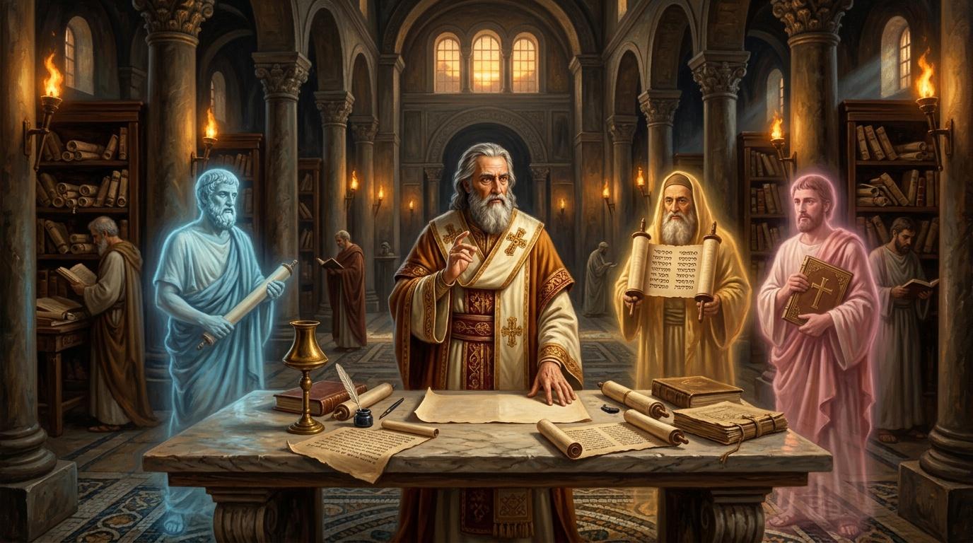 Quatre figures lumineuses étudient des manuscrits anciens dans une bibliothèque monastique.