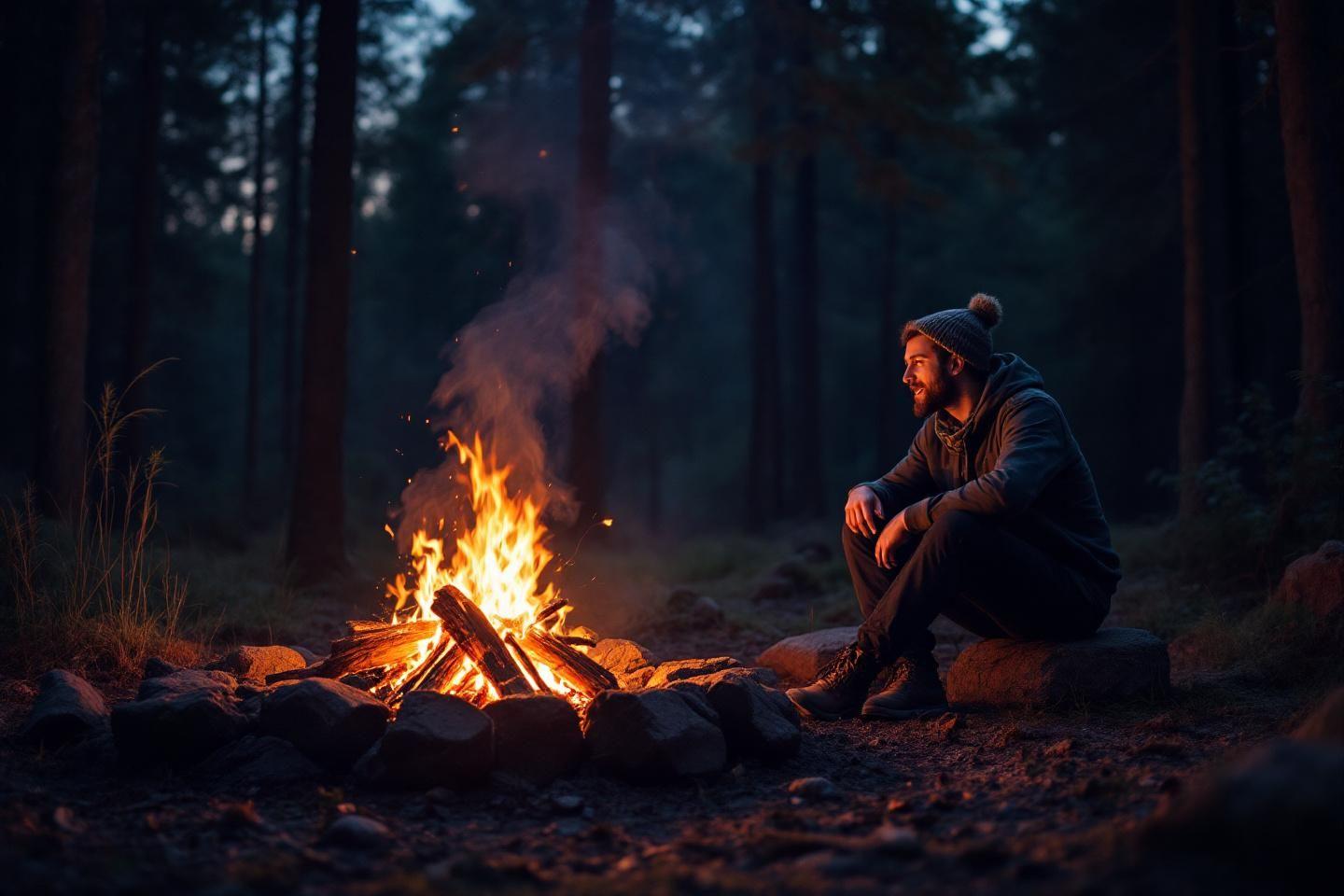 Homme assis près d'un feu dans une forêt brumeuse