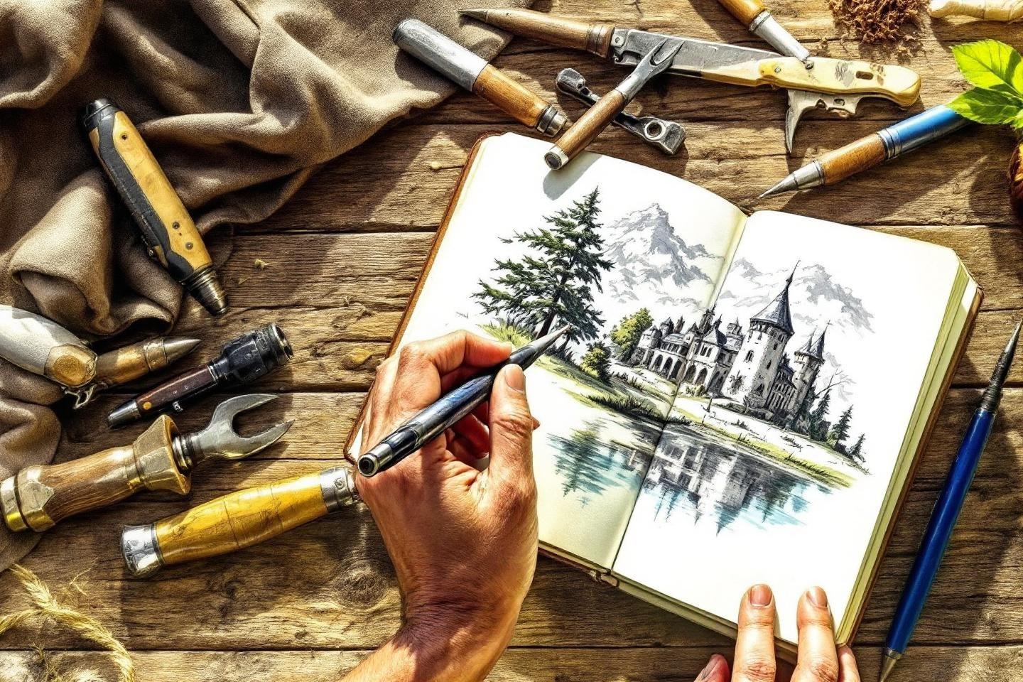 Main dessinant un château et un paysage avec des outils d'artiste